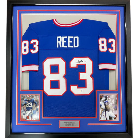 Framed Autographed/Signed Andre Reed 33x42 Buffalo Blue Jersey PSA/DNA COA