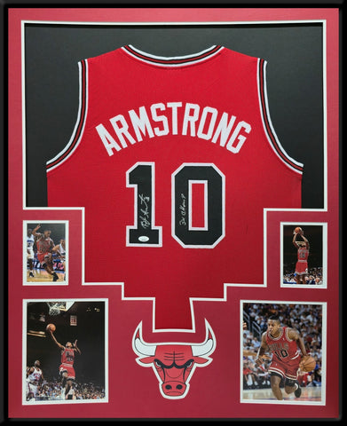 FRAMED CHICAGO BULLS BJ ARMSTRONG AUTOGRAPHED SIGNED INSCRIBED JERSEY JSA COA