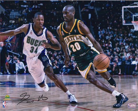 Gary Payton Seattle Supersonics Signed 16" x 20" Dribbling in Green Photo