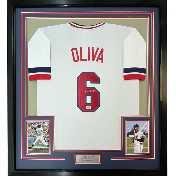Framed Autographed/Signed Tony Oliva 35x39 Minnesota White Jersey BAS COA