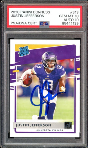 2020 Donruss Rated Rookie #313 Justin Jefferson On Card PSA 10/10 Auto GEM MINT