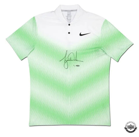 Tiger Woods Autographed Nike Golf Green Stripe Pattern Polo Shirt UDA LE 25