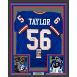 FRAMED Autographed/Signed LAWRENCE TAYLOR HOF 33x42 New York Blue Jersey JSA COA