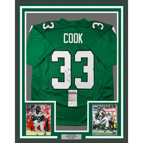 Framed Autographed/Signed Dalvin Cook 33x42 New York Green Jersey JSA COA