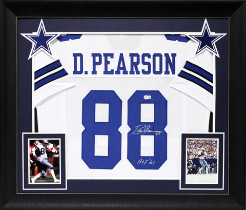Drew Pearson "HOF 21" Authentic Signed White Pro Style Framed Jersey BAS Witness