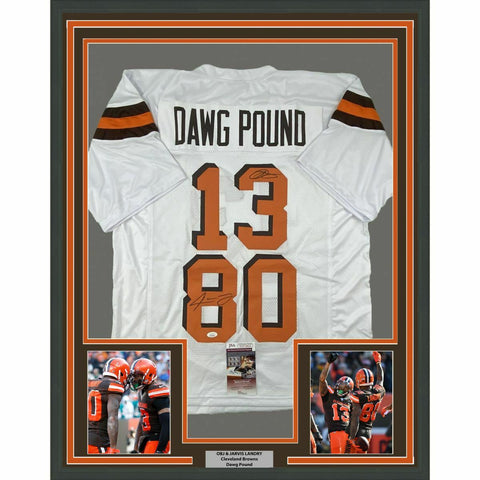 FRAMED Autographed/Signed ODELL BECKHAM JR JARVIS LANDRY 33x42 Jersey JSA COA