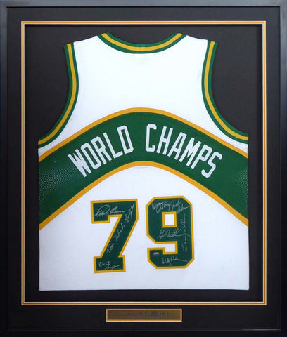 1978-79 NBA CHAMP SUPERSONICS AUTOGRAPHED FRAMED WHITE JERSEY 9 SIGS MCS 149144