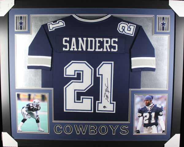 Deion Sanders Autographed/Signed Pro Style Framed Blue XL Jersey BAS 40146