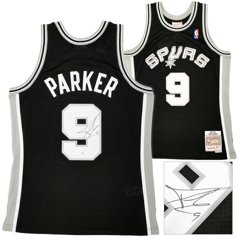 SPURS TONY PARKER AUTOGRAPHED BLACK M&N 2001-02 ROOKIE JERSEY M BECKETT 222833