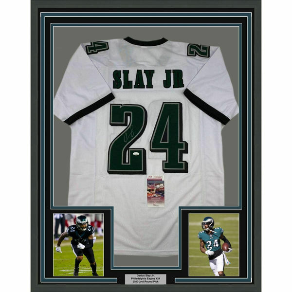 FRAMED Autographed/Signed DARIUS SLAY JR 33x42 Philadelphia White Jersey JSA COA