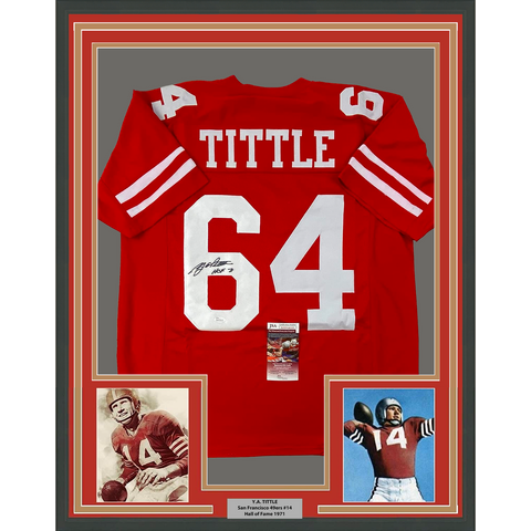 Framed Autographed/Signed YA Y.A. Tittle 33x42 HOF 71 #64 Red Jersey JSA COA