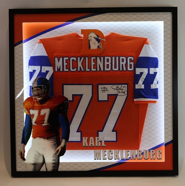 Karl Mecklenburg Autographed Broncos Jersey w/ Inscriptions in Shadowbox