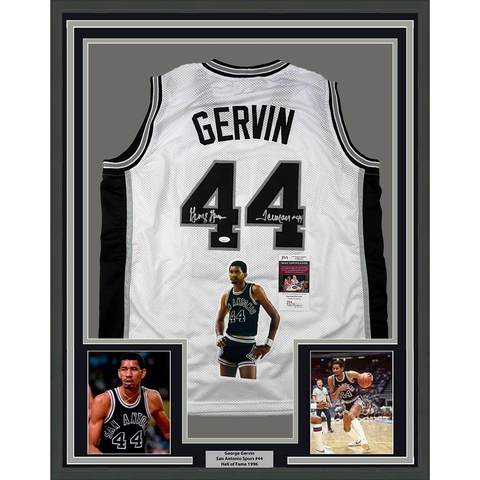 Framed Autographed/Signed George Gervin 33x42 Iceman White Jersey JSA COA