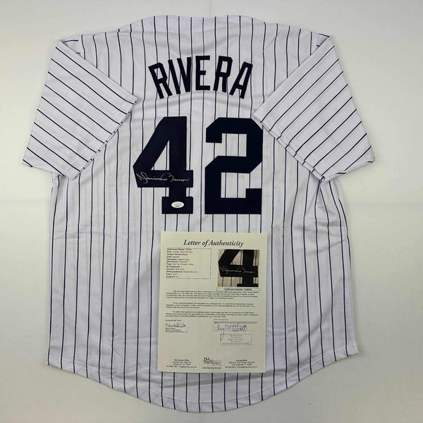Autographed/Signed Mariano Rivera New York Pinstripe Baseball Jersey JSA COA/LOA