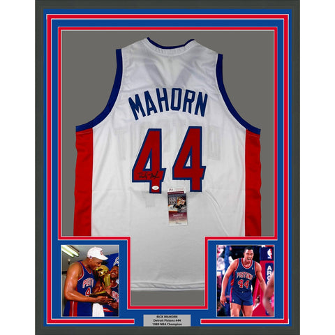 Framed Autographed/Signed Rick Mahorn 35x39 Detroit White Jersey JSA COA