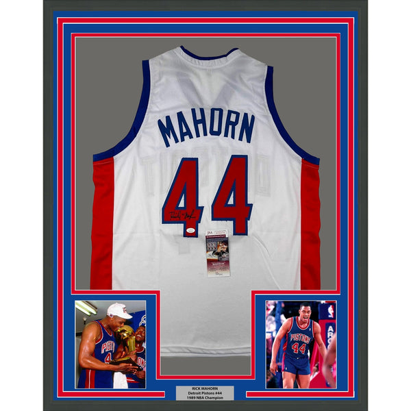 Framed Autographed/Signed Rick Mahorn 35x39 Detroit White Jersey JSA COA