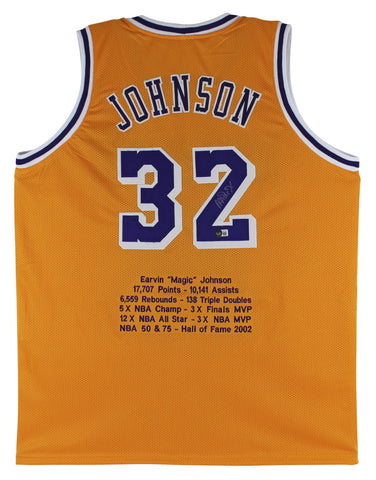 Magic Johnson Authentic Signed Yellow Pro Style Jersey w/ Stats BAS Witnessed