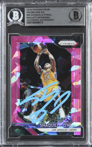 Lakers Shaquille O'Neal Signed 2018 Panini Prizm Pink Ice #35 Card BAS Slabbed