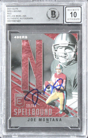 49ers Joe Montana Signed 2021 Elite Spellbound #15 #20/99 Card Auto 10! BAS Slab