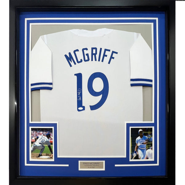 Framed Autographed/Signed Fred McGriff 35x39 Toronto White Jersey JSA COA