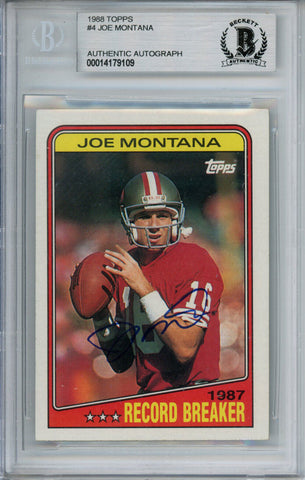 Joe Montana Autographed 1988 Topps #4 Trading Card Beckett Slab 37563