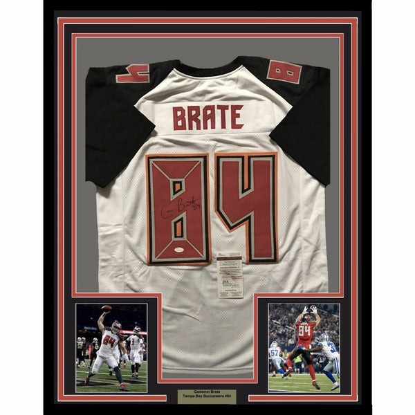 FRAMED Autographed/Signed CAMERON BRATE 33x42 Tampa Bay White Jersey JSA COA
