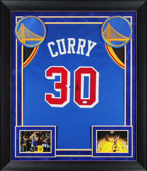 Stephen Curry Authentic Signed Blue Pro Style Framed Jersey w/ Red Numbers JSA