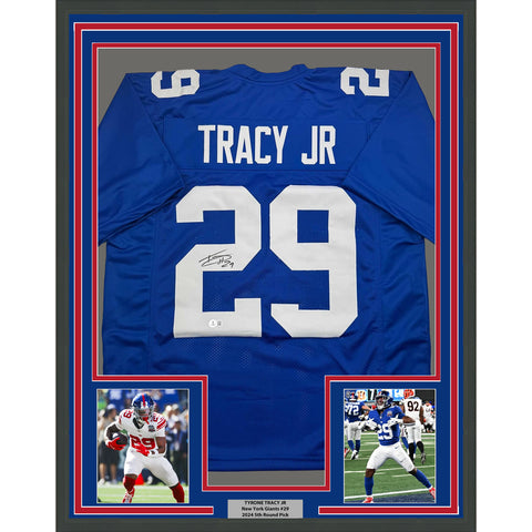 Framed Autographed/Signed Tyrone Tracy Jr. 35x39 New York Blue Jersey BAS COA