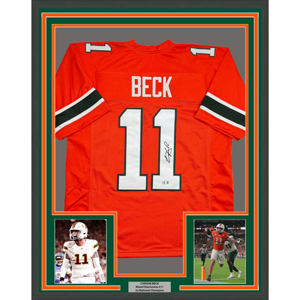 Framed Autographed/Signed Carson Beck 35x39 Miami Orange Jersey Beckett COA