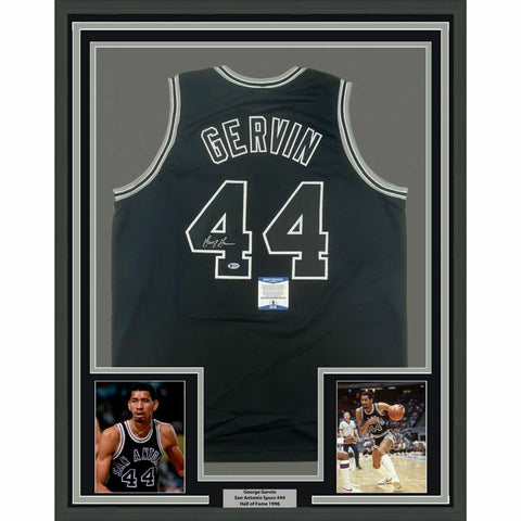 FRAMED Autographed/Signed GEORGE GERVIN 33x42 Black Jersey Beckett COA