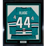 Framed Signed Marc-Edouard Vlasic 35x39 San Jose Teal Jersey JSA COA