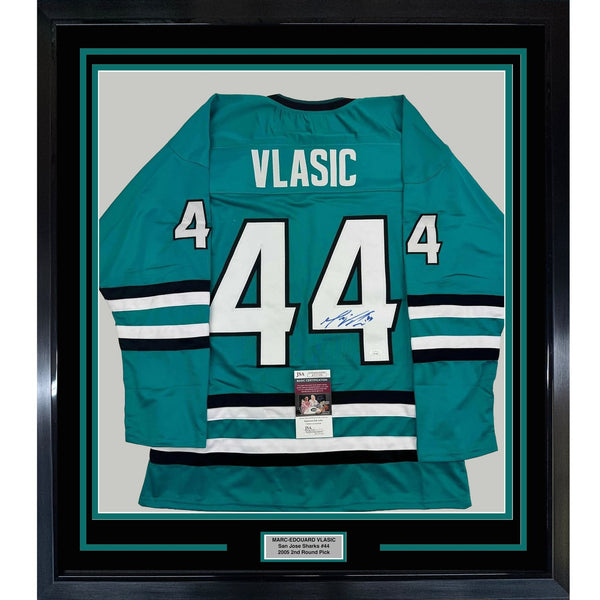 Framed Signed Marc-Edouard Vlasic 35x39 San Jose Teal Jersey JSA COA