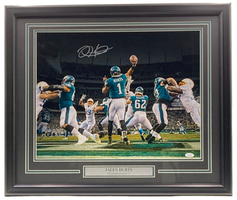 Jalen Hurts Signed Framed 16x20 Philadelphia Eagles vs Chargers Photo 2 JSA ITP