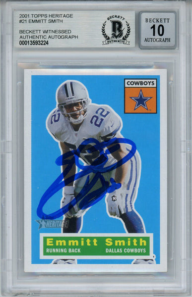 Emmitt Smith Signed 2001 Topps Heritage Trading Card Beckett 10 Slab 35096