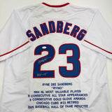 Autographed/Signed Ryne Sandberg HOF 05 Chicago White Stat Jersey JSA COA