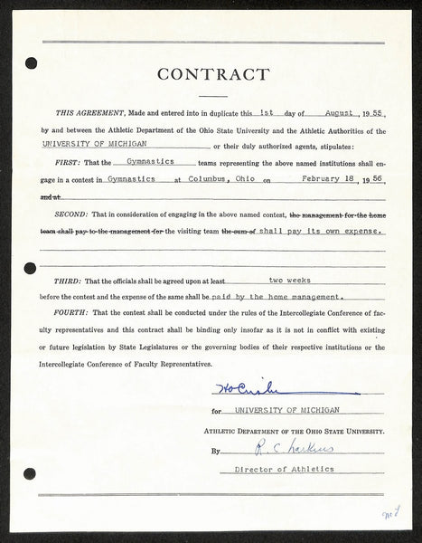 Fritz Crisler HOF Michigan Head Coach Signed/Auto Contract PSA BA199015