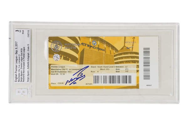Sergio Aguero Signed 2017 EPL Goal Record For Non-European Match Ticket - BGS 3