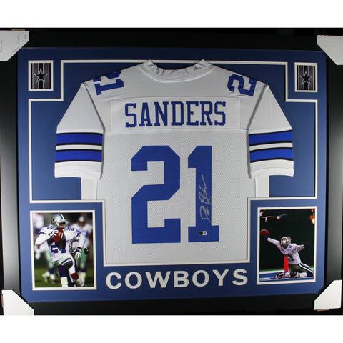 Deion Sanders Autographed Pro Style White XL Framed Jersey 35x43 Beckett 53078