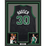 Framed Autographed/Signed Sam Hauser 35x39 Boston Black Jersey Beckett COA