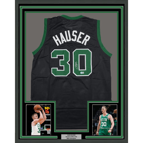 Framed Autographed/Signed Sam Hauser 35x39 Boston Black Jersey Beckett COA