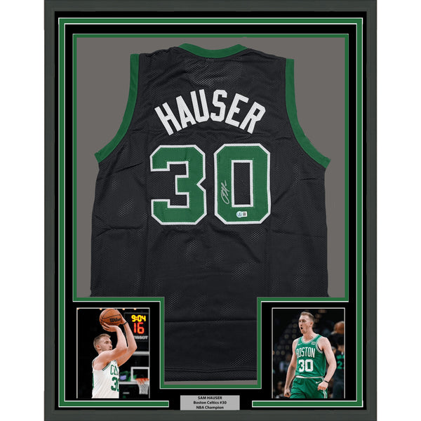 Framed Autographed/Signed Sam Hauser 35x39 Boston Black Jersey Beckett COA