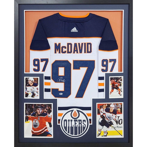 Connor McDavid Autographed Signed Framed White Edmonton Oilers Jersey BECKETT