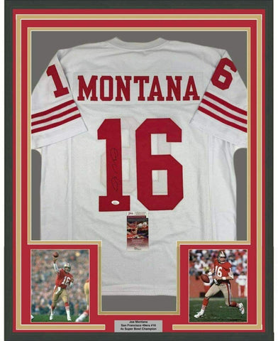 Framed Autographed/Signed Joe Montana 33x42 San Francisco White Jersey JSA COA
