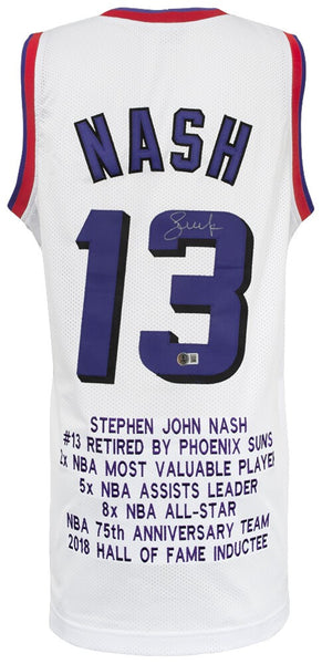 Steve Nash Signed White Embroidered Stat Basketball Custom Jersey -(BECKETT COA)