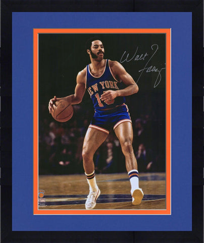 Framed Walt Frazier New York Knicks Signed 16x20 Dribbling In Blue Photograph