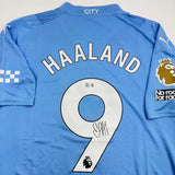 Framed Autographed/Signed Erling Haaland 35x39 Man City Blue Jersey Beckett COA