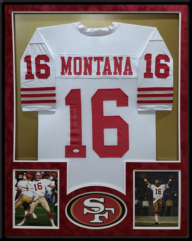 SUEDE FRAMED SAN FRANCISCO 49ERS JOE MONTANA AUTOGRAPHED SIGNED JERSEY JSA COA