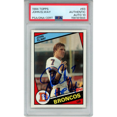 John Elway Autographed/Signed Denver Broncos Trading Card HOF 84 Topps PSA 55244