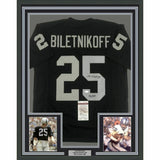 FRAMED Autographed/Signed FRED BILETNIKOFF 33x42 Oakland Black Jersey JSA COA