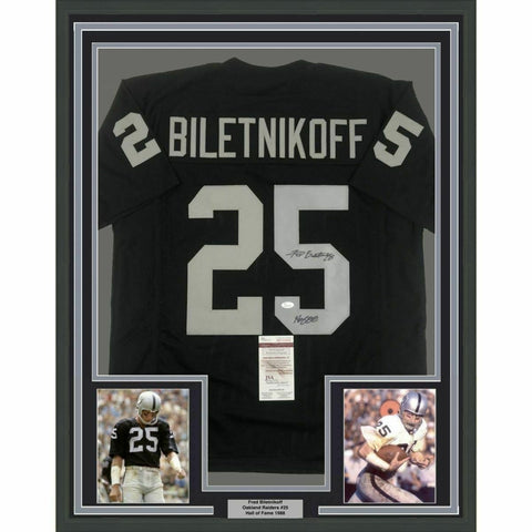 FRAMED Autographed/Signed FRED BILETNIKOFF 33x42 Oakland Black Jersey JSA COA